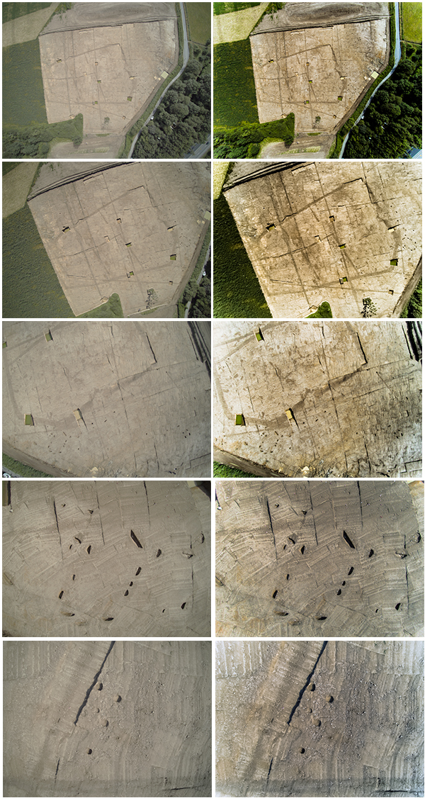 Fouilles archéologiques, ferme, Bois des Anses, photographies aériennes, Seigneurie de Bois-Briand, marais, ferme urbaine, pôle métropilitain, recherche archéologique, diagnostic, sondages, trace d'occupation domestique, âge du Fer, habitat gaulois, enclos, niveau de sol, colorimétrie, Nantes, Direction du Patrimoine et de l'Archéologie