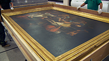 Restauration de trois tableaux de l'église de Notre-Dame-de-Bon-Port, Descente de croix, Joseph Gouëzou, 1858, 1697, peintre, françai, Jean Jouvenet, conservé, Louvre, L'éducation de la vierge, Alfred Leduc, 1878, 1645, peintre Flamand, Gaspar de Crayer, Le repos de la Sainte famille en Ègyte, Alfred Leduc, 1880, 141n peintre Laurent de la Hyre, restauration, Grand siècle, religion, religieuse, originaux, copie, réserves mutualisées de Nantes Métropole, restaurateur, conservateur, Atelier, Kiriaki Tsesmeloglou, Claire Le Goff, dorure, ornemaniste, David Sébastien, entreprise Bovis, réouverture, inauguration, constat, analyse sous lumière, jutage, vernis, protocole de traitement, facing, nettoyage, bande de tension, châssis, adhésif thermocollable, bord de toile, tension, toile tendue, châssis provisoire, retrait facing, papier japon, résidus adhésifs, décrassage, couche colorée, action chimique, mécanique, moisissure, table chauffante, table aspirante, recouche, retouche, micro lacune, usure, craquelure, masticage, réintégration chromatique, lacune, ragréage, gros blanc, blanc de Meudon, colle de peau de lapin, rebouchage, gouge, fers, ponçage, nervosité, cadre, dorure, assiette, assiette à dorer, feuille d'or, eau, colle, fronton, réencadrement, conditionnement, accrochage, transport